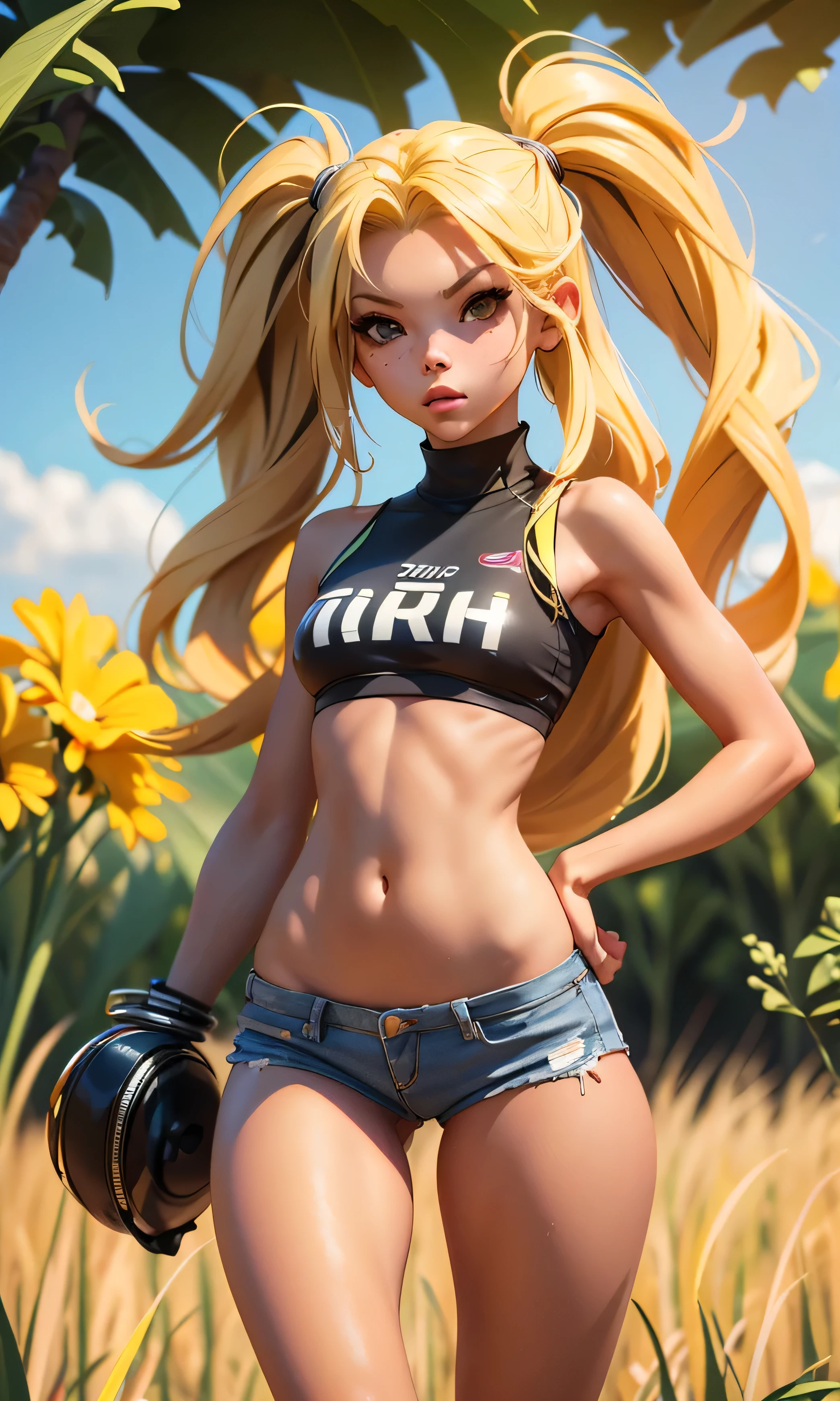  masterpiece, A teenage girl , s, Chiquita, slim, skinny,  long hair ,  wavy hair , blonde hair, Brown eyes,  full body, standing, flat stomach,  nice legs, piernas slims, piel Blanca,  sports shoes , cheerleader, (((desnuda))), on the street, wheat field, sexy,