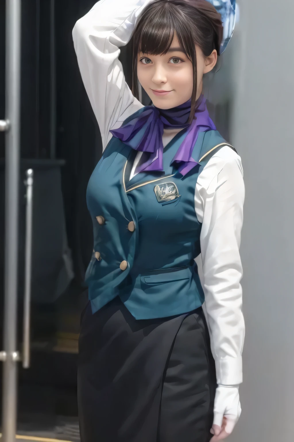 (masterpiece:1.2,  best quality:1.2), 32kHDR,  kampala, (Alone、  1 girl)、（What is 、 Professional Lighting）、In-flight background、（Nankai Train crew uniformを着たリアルなスタイル）、（（Nankai train crew uniform green vest））、（（ Nankai train crew uniform collarless white long sleeve blouse）） 、（（Black Curly Culotte Skirt 、Scarf around the neck））、 Dark brown hair 、（ Long Hair、Hair tied up、Hair tied up）、 Dark brown hair 、 Long Hit 、Big Breasts、Thin legs、（（Great hands：2.0）），（（  Harmonious Body Proportions ：1.5）），（（Normal limbs：2.0）），（（Usually refers to：2.0）），（（ DELICATE EYES：2.0）），（（Normal eyes：2.0））)、smile、（Nankai Train crew uniformを着た美しい姿）、Hands clasped underneath