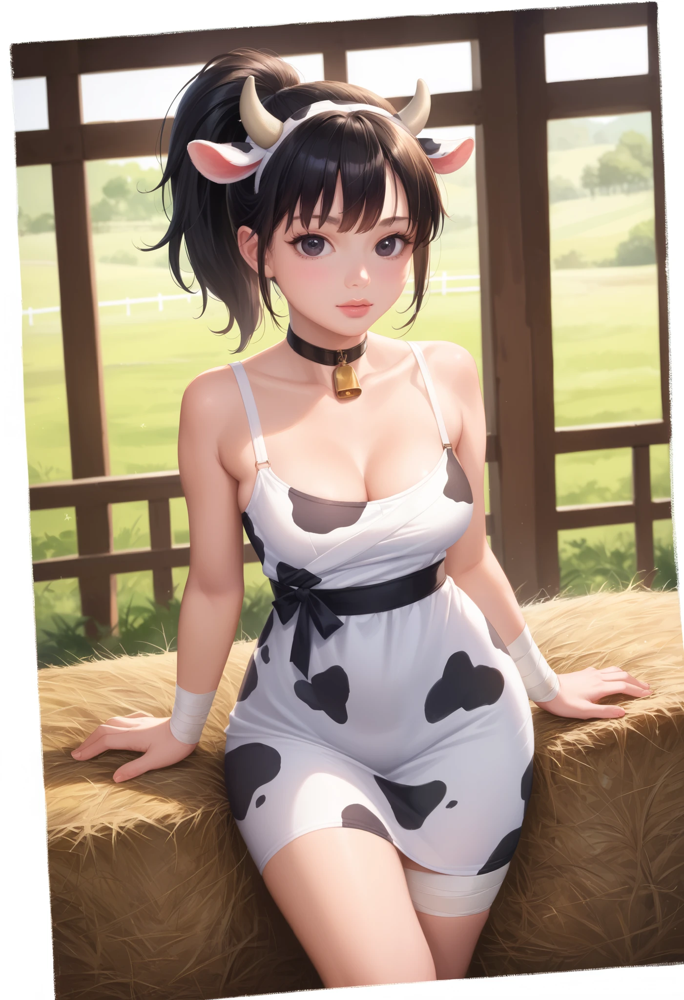 dororo, black hair, ponytail, choker, black eyes, bandages, wrist wrap, ankle wrap, masterpiece, best quality, photorealistic, 1girl, solo, looking at viewer, , depth of field, (watercolor illustration, soft pastel colors:1.1), realistic, dororo, huge hips. small saggy breasts. huge hips. choker. cow print. сow horns. cow dress. farm. bales of hay.
