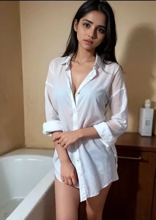 A stunning face 15yo girl, shy girl, no bra, small nipple,south east Asian like, with pubic hair, white shirt, all wet, no panties, full body, brown skin,