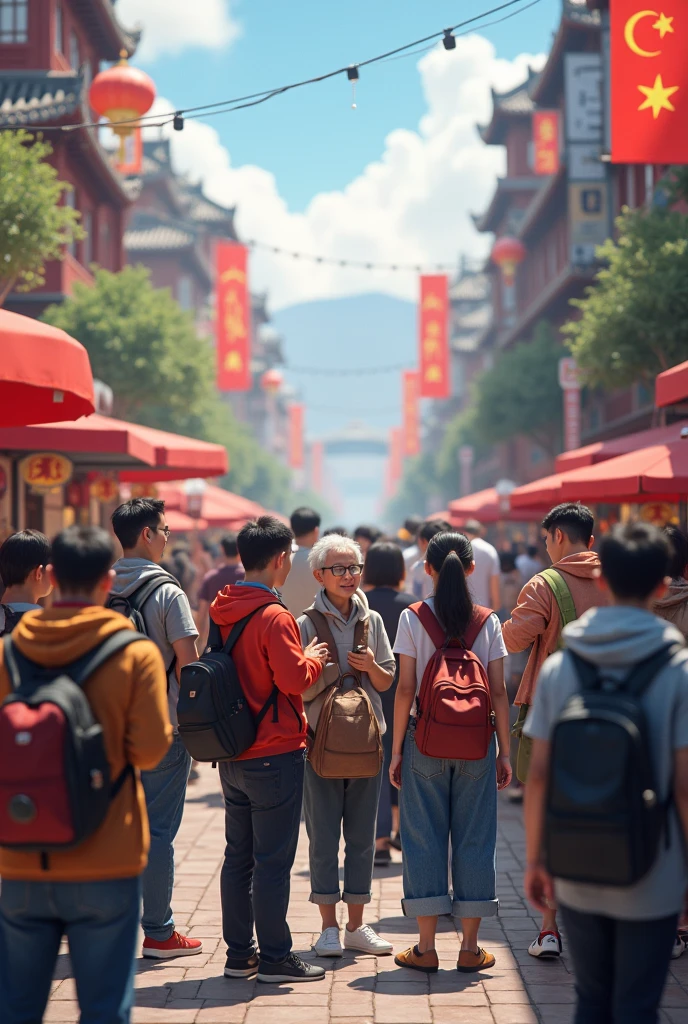 imagem em close-up. European tourists posing for photograph at the temple of the sky square in China.