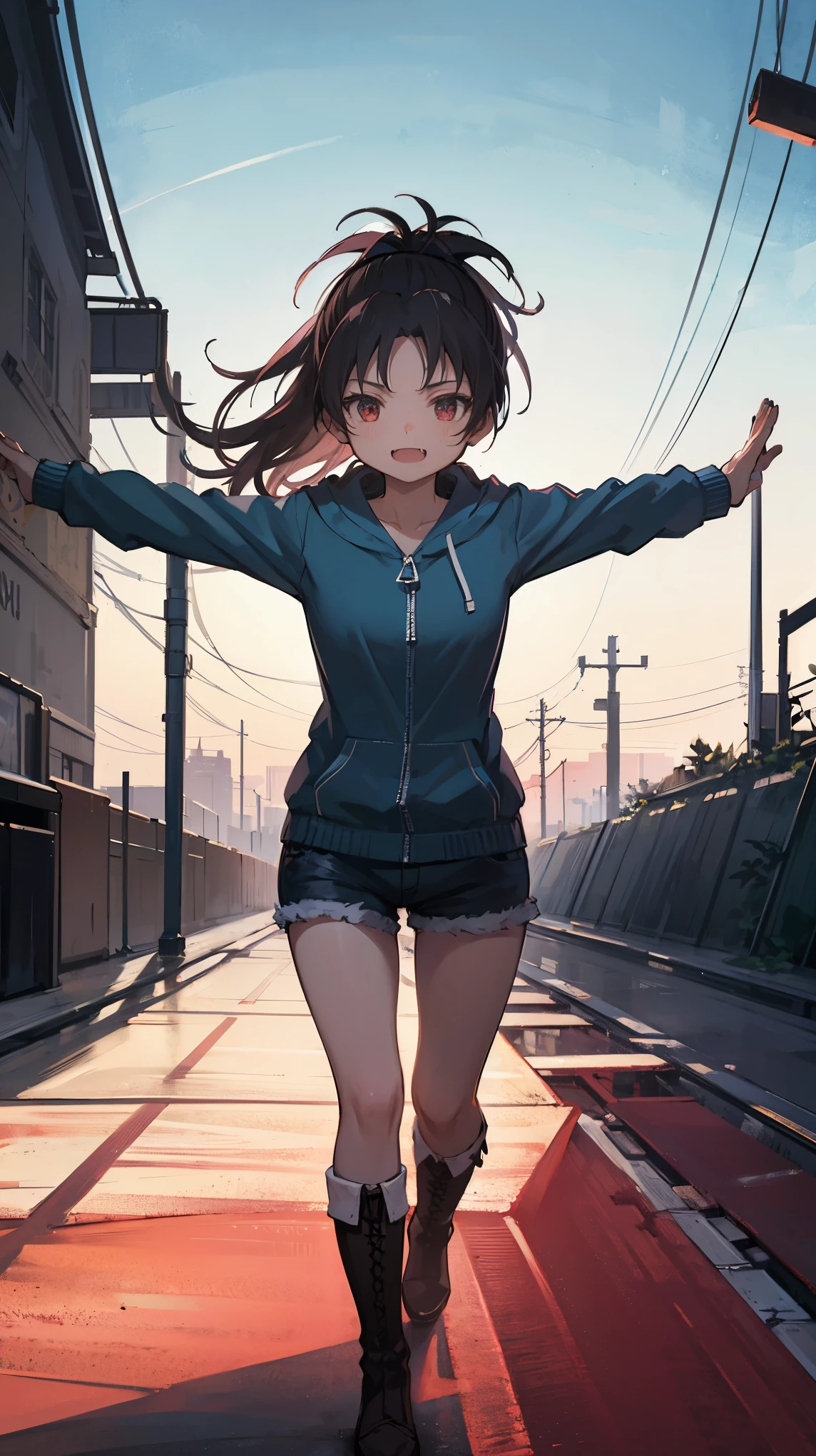 ((giantess)), 1 rapariga, ((Woman running with all her might), exusiai_arknights, Background with visible horizon, character standing on a island top next to continent, Super huge high school girl bigger than a continent, Pleasure, Long legs, Sweat, Falling sweat, giga giantess, blue sky, smile, fullbody, Destroyed City, Dust, Dust from the bottom of the shoes, Crumbling cities, Destroyed city, shoes, A very very small big city,