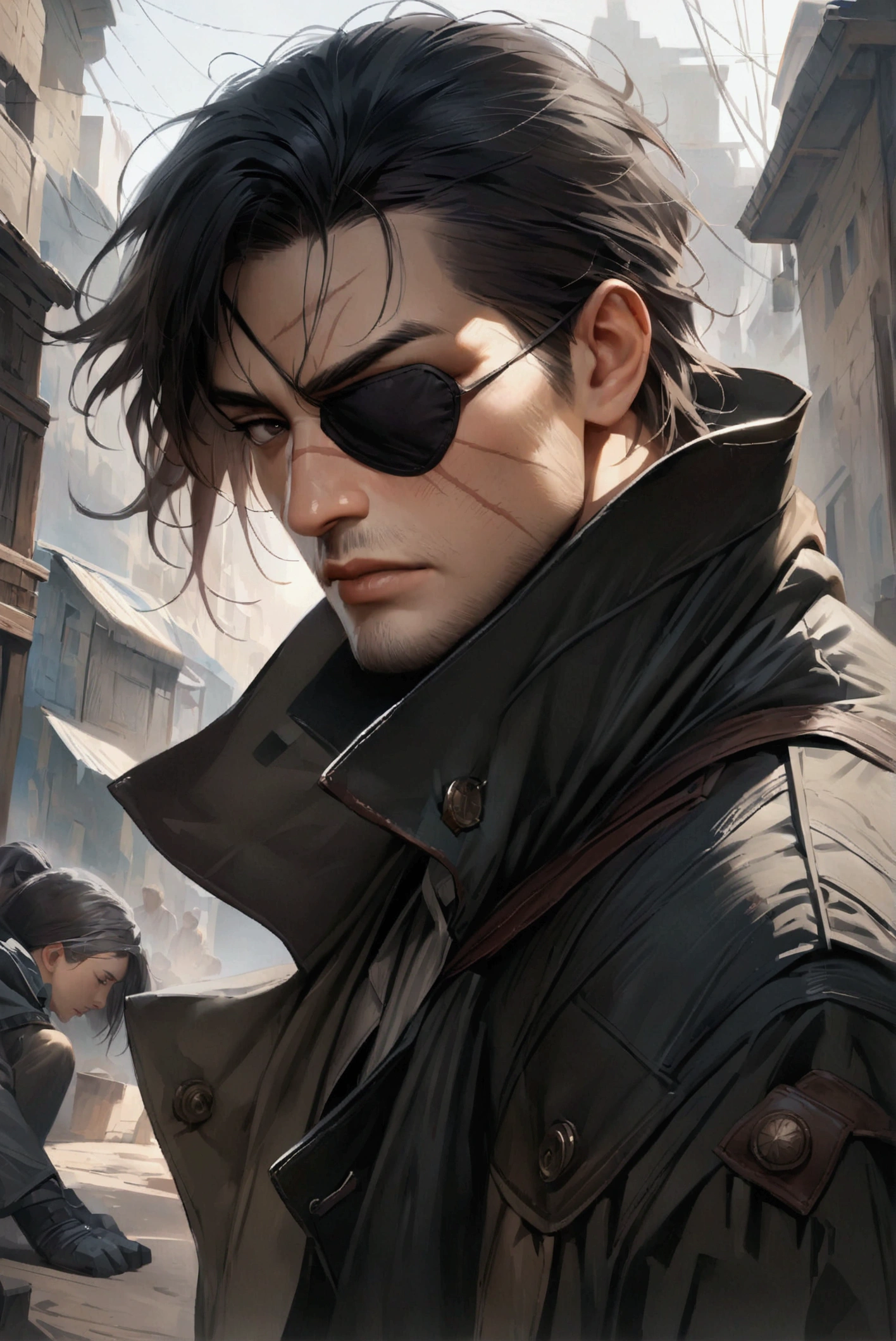 Highest image quality, outstanding details, ultra-high resolution, (realism: 1.4), the best illustration, favor details, highly condensed male, black haired man, lone male, medium-length hair, left eyepatch, eyepatch, rugged clothes, scar on face, gloves, long coat, facing towards camera, male only, battleworn clothes, long coat