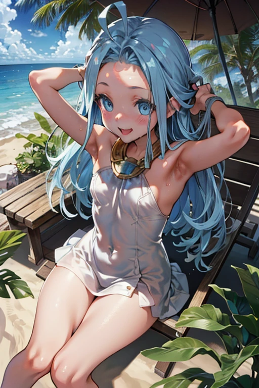 Girls Anime, Beautiful woman, Hair blowing in the wind, Beach Background, Detailed light, White skin, Woman in swimsuit, straw hat, Ocean, bikini, Ocean辺, Sitting