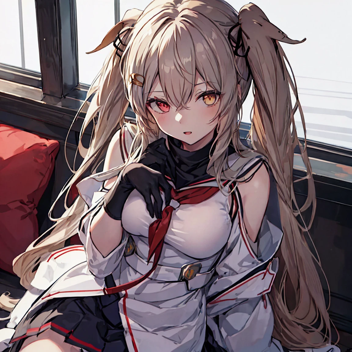  best quality, masterpiece,  high definition , Alone, (The Murasame Kai_  fleet collection:1.15), 長いhair, ライトブラウンhair,  yellow eyes,  red eyes, ribbon smile, Seraphim, hair_ribbon( black sailor suit), (White sailor collar), Chest,  twin tails, Two_side_up, hair_flap, hair_ t I ,  one girl ,  school uniform,  Neckerchief , open_mouth, 赤 Neckerchief , White background，Big Breasts