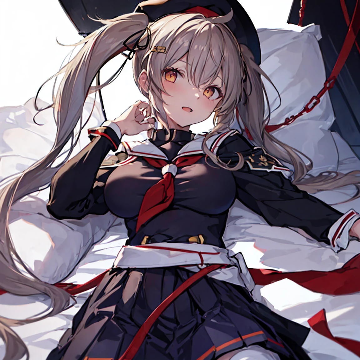  best quality, masterpiece,  high definition , Alone, (The Murasame Kai_  fleet collection:1.15), 長いhair, ライトブラウンhair,  yellow eyes,  red eyes, ribbon smile, Seraphim, hair_ribbon( black sailor suit), (White sailor collar), Chest,  twin tails, Two_side_up, hair_flap, hair_ t I ,  one girl ,  school uniform,  Neckerchief , open_mouth, 赤 Neckerchief , White background，Big Breasts