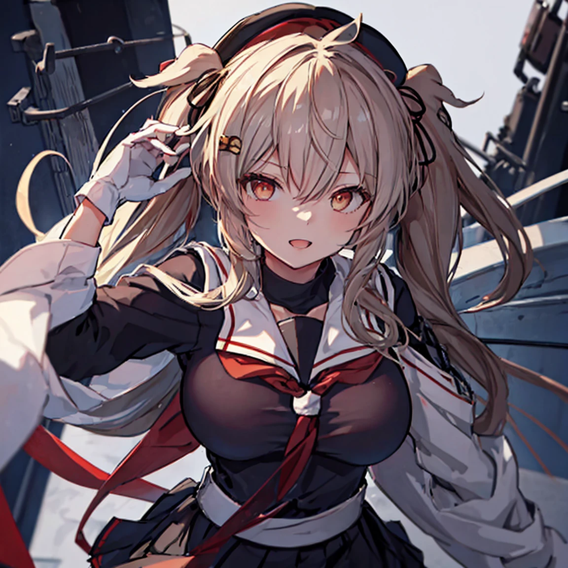  best quality, masterpiece,  high definition , Alone, (The Murasame Kai_  fleet collection:1.15), 長いhair, ライトブラウンhair,  yellow eyes,  red eyes, ribbon smile, Seraphim, hair_ribbon( black sailor suit), (White sailor collar), Chest,  twin tails, Two_side_up, hair_flap, hair_ t I ,  one girl ,  school uniform,  Neckerchief , open_mouth, 赤 Neckerchief , White background，Big Breasts