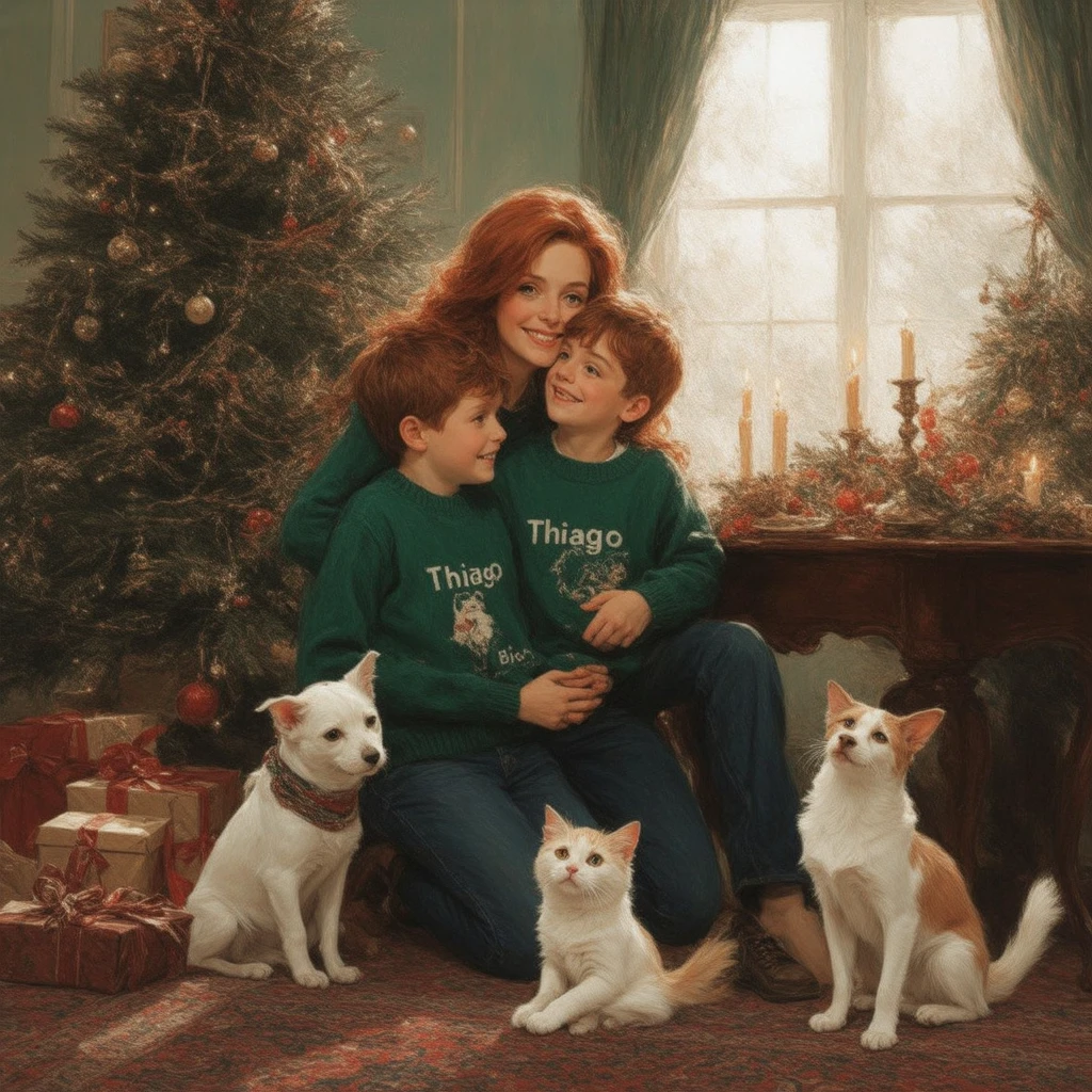 A warm and festive indoor setting, likely during the Christmas season. A woman with long, wavy red hair is seated on the floor, embracing two young boys. Both boys are wearing green sweaters with the names 'THIAGO' and 'BIEL' written on them. In front of them is a white bull terrier dog and two cats playing. The background reveals a decorated Christmas tree, a dining table with candles, and a window letting in natural light. The floor is adorned with a patterned rug, and there are scattered gifts and candles around.