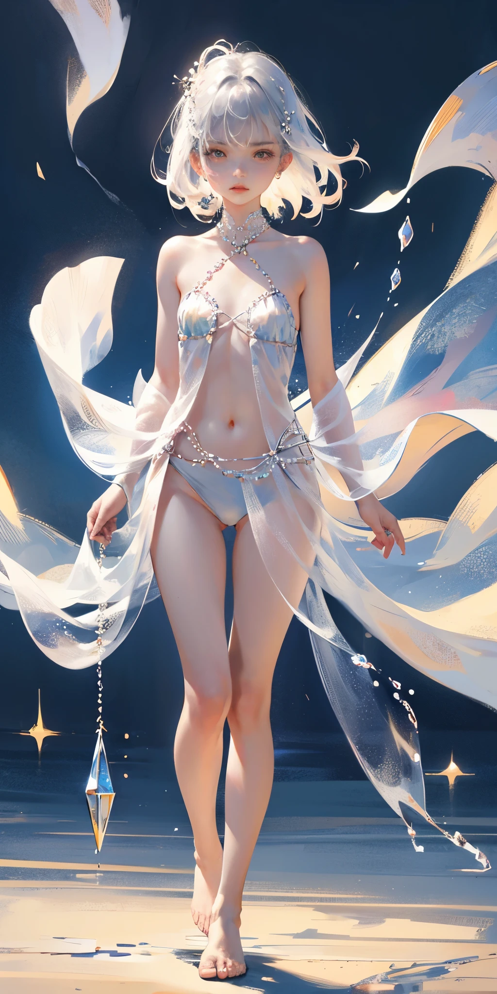 A girl、symmetry,Daughter,whole body female love,Put your hands together and bloom,(Very detailed:1.1),((small :1.2))、The eyes are well drawn、Charming eyes、Double tail、Wear jewelry and pearls around your neck,Transparent openwork、Deep V、Crystal Pearls、在Wear jewelry and pearls around your neck,white hair, show your thighs, Bare shoulders, Show clavicle, Yao Liu, barefoot,((whole body))、painful posture