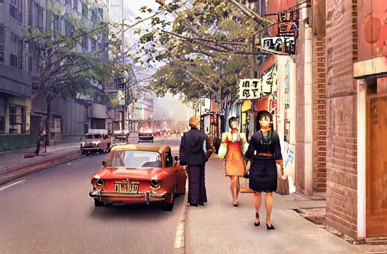  ps2 style, city with trees, 1960s japan, a red car, crosswalk