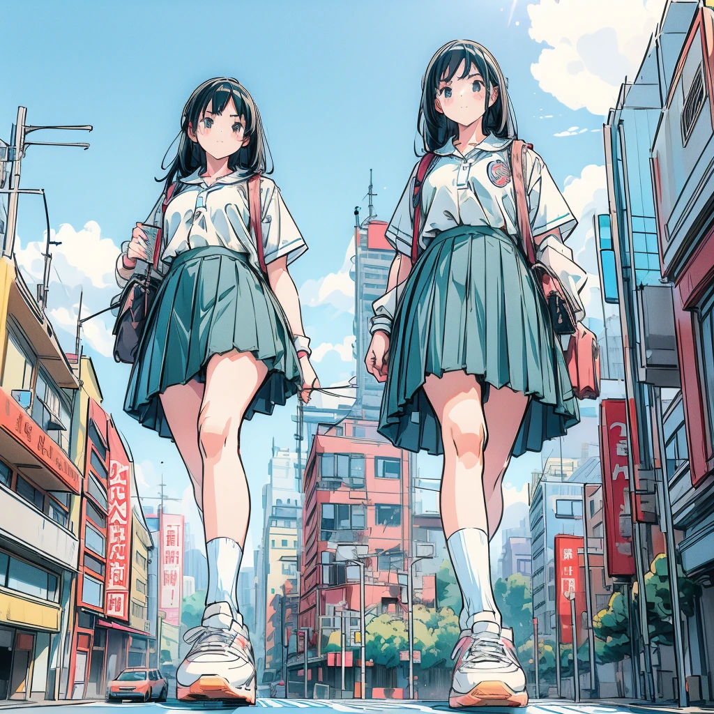 Giantess　巨大なHigh school girl　Female Giant　(( huge girl walking on a residential road))　High school girl　uniform　skirt　bag　 high socks　 sneakers　clock　Smartphone　rural residential area 　street tree　car　retro landscape　Dirt road　Vending machines　blue sky　sunlight　Solar　summer　