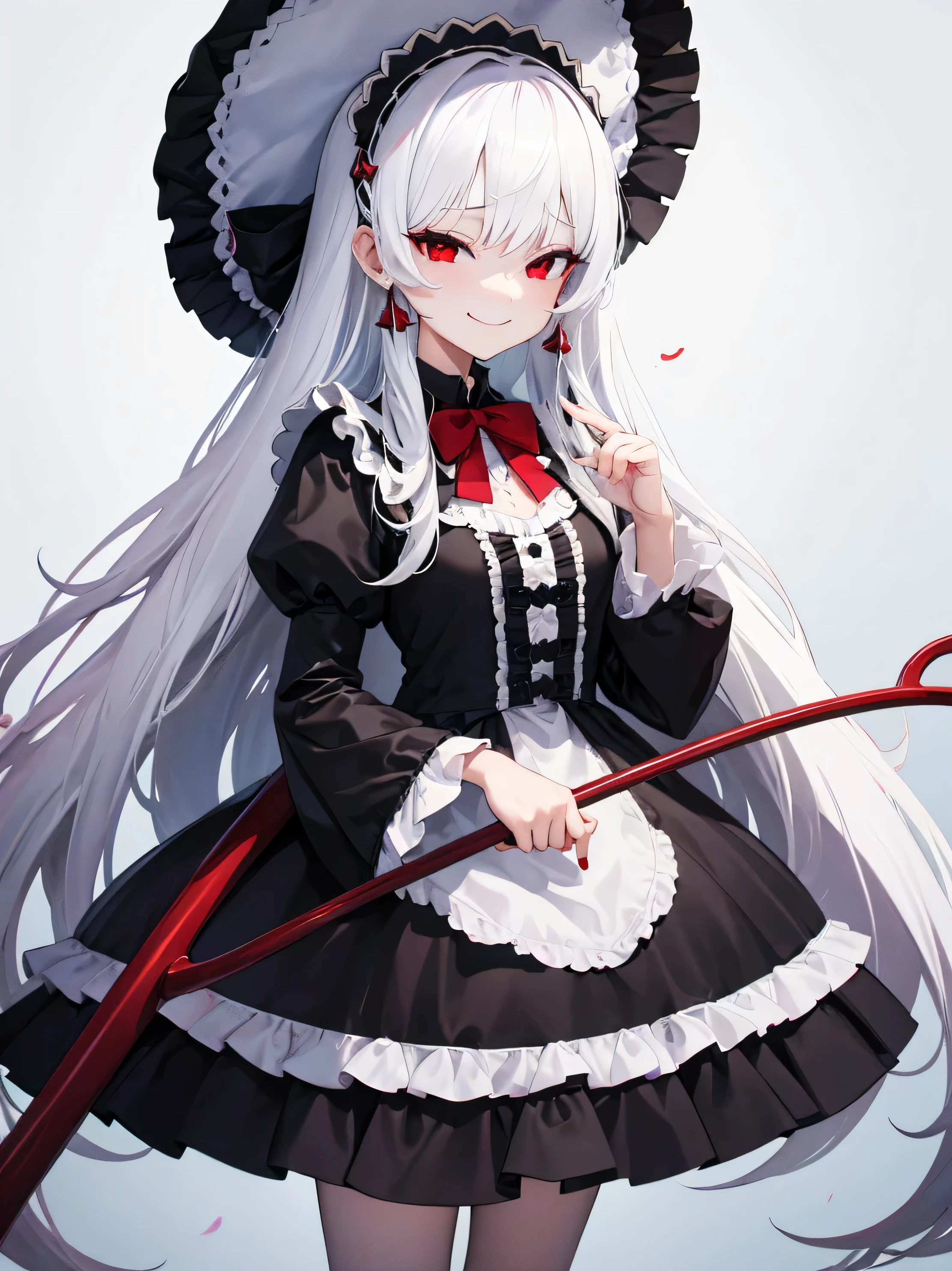 girl，Height 120cm ，The left ear has a black earring，Wear a black ****ta， white hair， red eyes，Smirk，Long hair，No headdress.Holding a cane