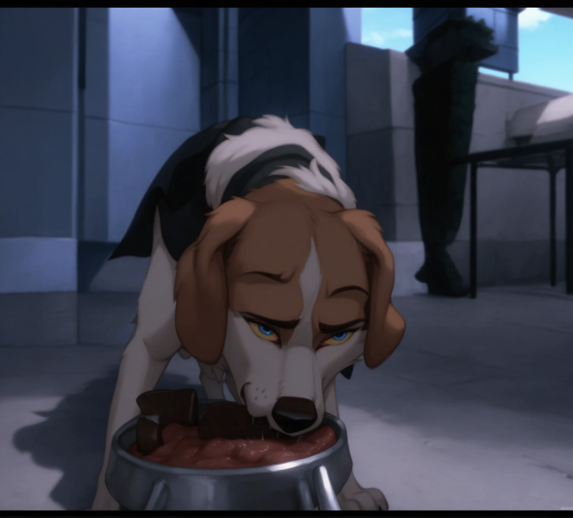 score_9, score_8_up, score_7_up, score_6_up, anthropomorphic, furry, beagle, wearing a airport security dog sheet (dog cape shaped), eating meat chops, metal feeding bowl, feeding head down