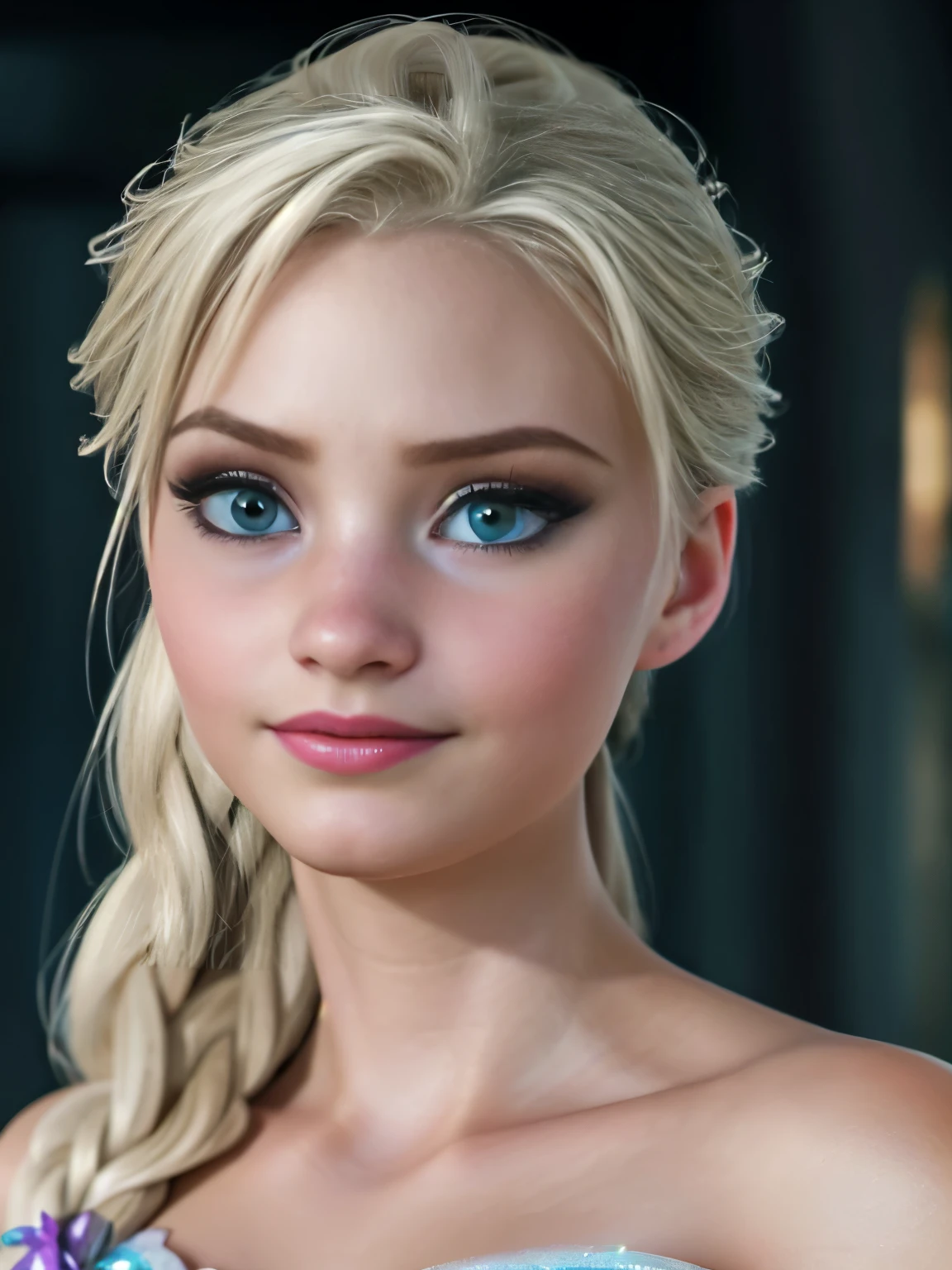 Elsa frozen chunly fusion. Highly detailed CG unity 8k wallpaper, style shot, complex, high detail, dramatic, highest quality movie still image, very detailed, masterpiece, best quality, character design, Elsa, Elsa from Frozen, (( Dark style)), realistic ultra-detailed rendering style, natural light, sharp character design, (hard focus, 8k), (((natural skin texture))), 8k textures, soft cinematic lighting, adobe lightroom, dark room, hdr, Sophisticated, Elegant, Rich Detail, Sharp Focuilm Look) )), Soothing Tones, Detail Frenzy, Intricate Detail, Super Detail, Low Contrast, Soft Film Lighting, Dull Colors, Exposure Blending, HDR, Fade, 35mm, f/1.4, ISO, f16, 25 sec , medium breast