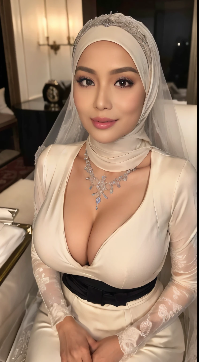 Mira filzah , 30 years old , big breast ,Slim body abs, tall , ((gigantic breast:1.0)), beautiful lady, Nikon Z 85mm, ((best quality)) ((masterpiece)), intricate detail, ((almost )), sharp focus, professional, realistic, real life, hyperreal, photorealistic, fine detail, best quality, very Detailed CG unity 8k wallpaper, perfect artwork, Full body, glowing eyes, realistic, perfect female hourglass figure, thin waist, wide buttocks, looking at viewer, extremely delicate and beautiful, best quality, beautiful detail girl, beautiful eye detail, face lighting, film lighting, perspective, revealing buttocks, perfect collarbone, realistic facial expression, (exquisite detail, makeup, (exquisite beautiful exquisite face, delicate and beautiful eyes, a face with perfect proportions, high-detailed skin,((wearing tight wedding gown with closed hijab)), simple diamond necklace, ((closed clothes), ((polite clothes)), luxury hotel, sitting on chair