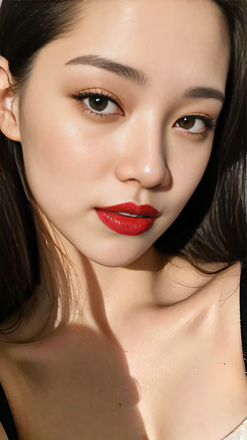instagram photo, closeup face photo of 23 y.o Chloe in G-string, Red Lipstick, sensual Lipstick, Sensational Make Up, cleavage, pale skin, (smile:0.4), hard shadows, white G-STRING, red black Hair, bright lighting