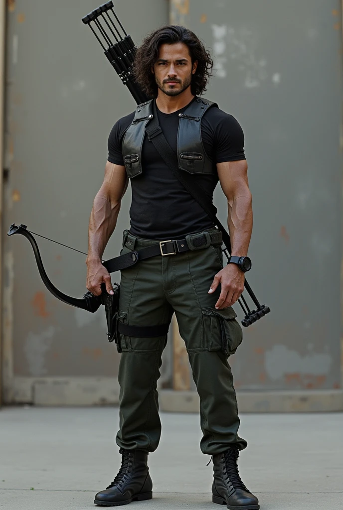Make me an AI image of iko uwais being hawkeye from avengers movie, full body with stand pose, with midlength curly waving hair, realistic tone, and wear tactical pants