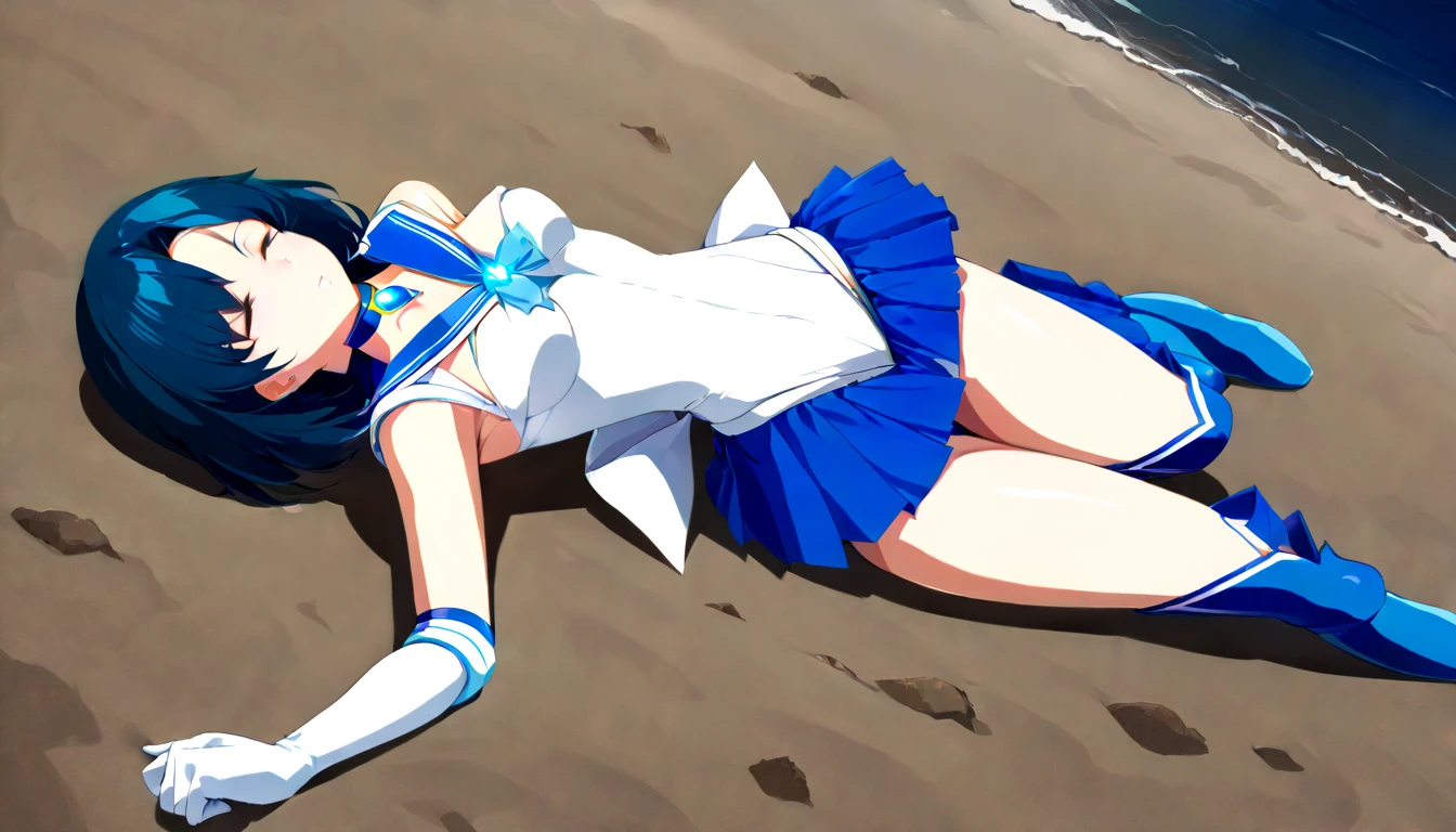 girl masterpiece, best quality, high resolution, best detailed, blue hair, shiny hair, short hair, sailor senshi uniform, blue sailor collar, blue skirt, pleated skirt, mini skirt, elbow gloves, white gloves, white leotard, choker, blue choker, blue long boots, light blue chest ribbon, blue brooch, no power, costume destruction, damaged costume, closing eyes, lying on the sand, seaside, light blush,