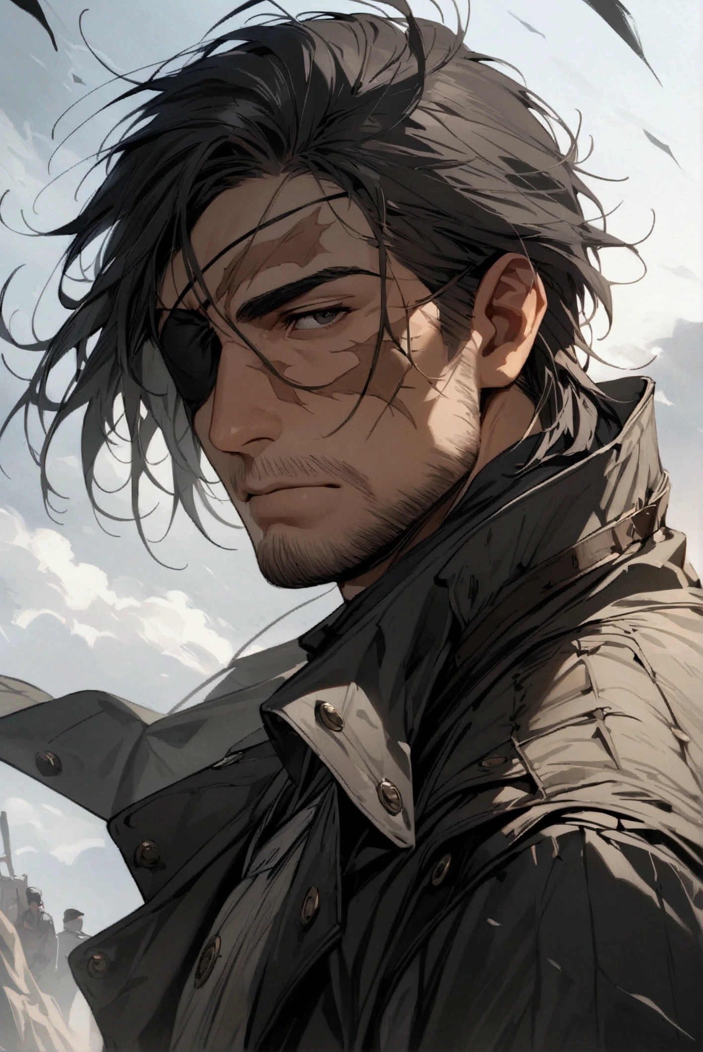 Highest image quality, outstanding details, ultra-high resolution, masterpiece, the best illustration, favor details, highly condensed male, dark haired man, lone male, medium-length hair, left eyepatch, eyepatch, rugged clothes, scar on face, gloves, long coat, facing towards camera, male only, battleworn clothes, long coat, armored coat, gray skies, tall dark and handsome, 