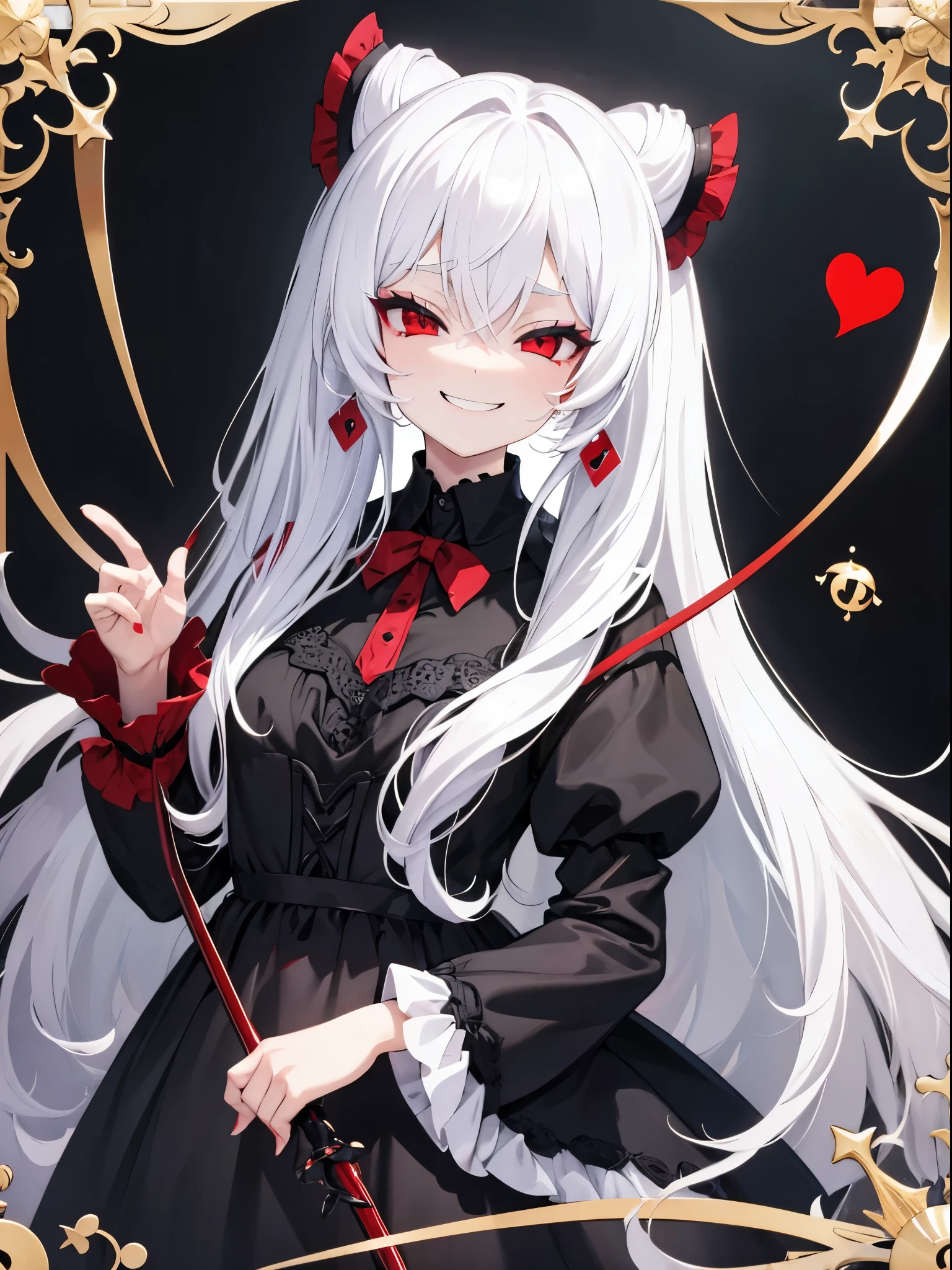 girl，Height 120cm ， with a black prismatic earring in the left ear，Wear a black ****ta， white hair， red eyes，Smirk，Long hair，Card issuance.Holding a black cane 