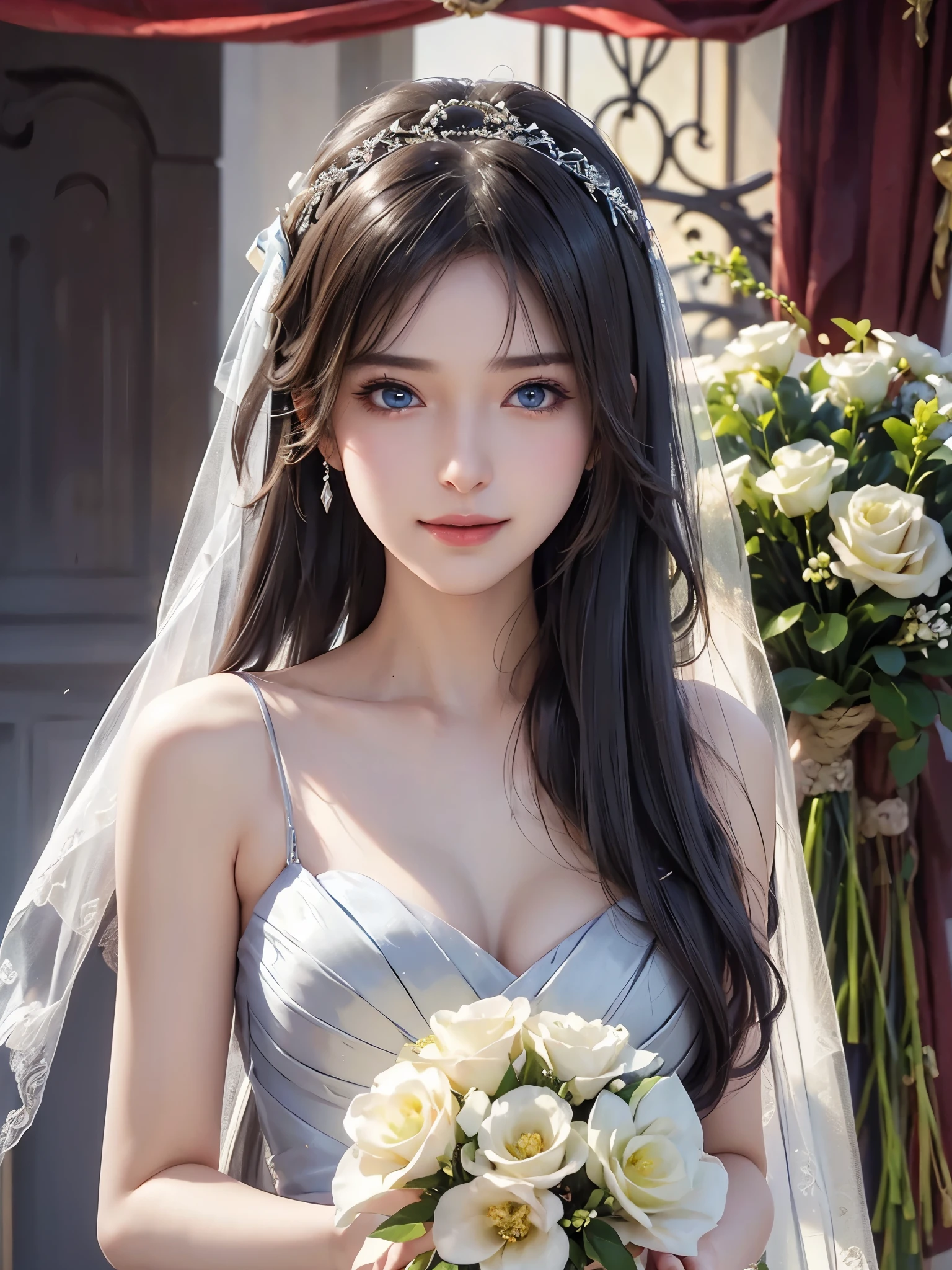 portrait、Realistic、Elegant mature woman、 blue eyes、 shiny hair、smile、 、 woman in prom dress、Smooth Straight、 detailed face 、 beautiful skin 、bouquet、bride、 Beautiful breasts, 4K resolution、 High Quality CG、Beautiful CG、Soft light、 woman in prom dress、Smooth Straight、 detailed face 、 beautiful skin 、bouquet、bride