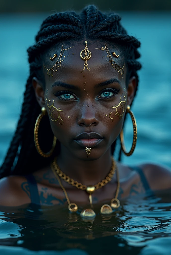A mesmerizing and ethereal woman emerges from the water, her glowing blue eyes capturing the viewer's attention with an intense and otherworldly gaze. Her deep, rich skin is adorned with intricate golden tattoos that shimmer under the moonlight, creating a striking contrast against the dark, rippling water that surrounds her. The golden jewelry she wears—hoop earrings, layered necklaces, and a nose ring—glows softly, adding to her mystical allure.
Her long, braided hair is intricately styled, with small gold beads and accessories woven throughout, reflecting the light and enhancing her regal appearance. The water gently laps around her, creating ripples that mirror the soft light of the night sky, adding to the tranquil yet enigmatic atmosphere.
The lighting is soft and moody, with a deep blue hue that envelops the scene, highlighting the serene and magical quality of the setting. The background is blurred and dark, allowing her radiant figure and the glowing elements to remain the focal point, creating an image that is both intimate and awe-inspiring.
Close-up shot, slightly angled, with soft, moody lighting that enhances the mystical and ethereal elements of the scene. The overall mood is one of serene mystery, focusing on the interplay of light, water, and the character's striking features. ((best quality:1.6)), ((high details:1.5)), ((mystical atmosphere:1.4)), ((ethereal beauty:1.3)), ((UHD:1.5)), ((cinematic:1.4))
