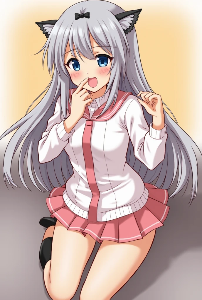 Silver Hair、Grey Eyes、Twin tails、、Flat Chest、Short、、blazer、Panty shot、White panties、sit、Leg spread、on the train、、masterpiece、High resolution、highest quality、Detailed face、Anime Moe Art Style、Cowboy Shot、smile、Red face、shy face、healthy、anime best girl, cute anime girl、