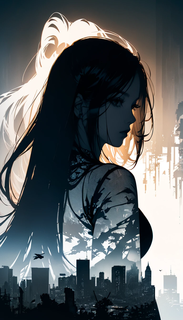 Masterpiece double exposure of a long hair beauty woman silhouette with duo tone apocalypse aftermath in the underlying backdrop, sharp contrast, detailed crisp lines, in focus, double exposure, high quality, high detail, high resolution