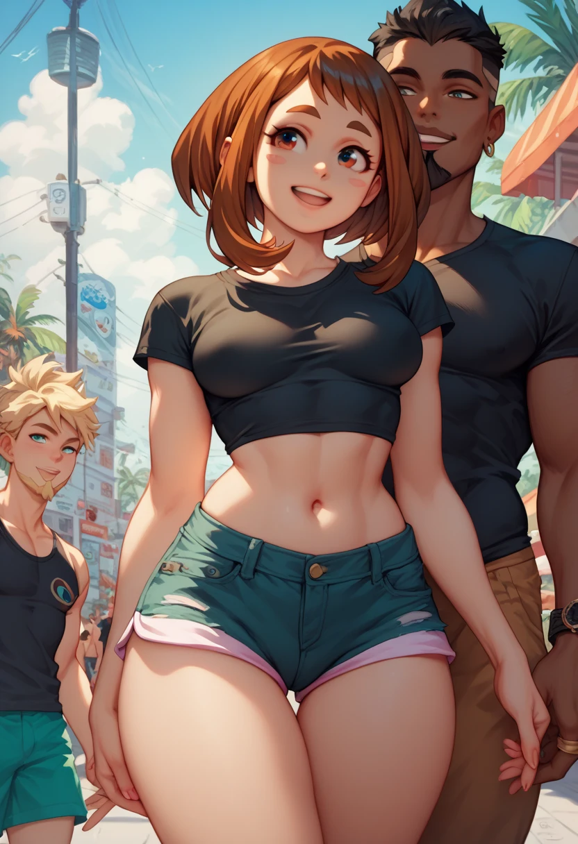  A skinny young man  (Dark skin,  goatee, black shirt and shorts ) is romantically walking with Uraraka, she has a big big ass,  she is wearing a sexy black swimsuit ,  sunny day , They're happy,  front view,Miami street 