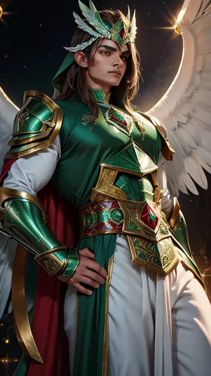 legendary hero who wears armor made of sacred space metal with ornaments reminiscent of a snake with wings, the armor is emerald green with ruby decorations and white diamond ,with a large headdress made of glass feathers with brown eyes and a tan complexion