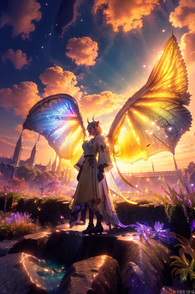 (Must work)、( best quality)、 very detailed、 1 Girl 、 perfect face、 Beautiful Girl 、 very detailedな顔、Shagaru magala , extra arms, Wings, winged arms, orange eyes, horns, tail,evening、 sunny place、（ amazing configuration 、Epic Scale）、 dynamic lighting、 bright color、( maid clothes:1.2）、 panorama、 Disgaea、masterpiece、 concept art、 panorama、central、shape、 wide shot、garden、sunset、Golden Prairie 、fantastic standing picture 、Atmospheric Perspective、 anime style、chromatic aberration、 Movie Lighting、Reflected Light、8k、 Super Details 、 best quality、UHD、 High Details 、