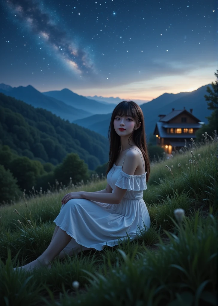 Twilight、Grassland Hills、 A girl in a long white dress is sitting on the grass、 The girl turns her body here and looks at the viewers 、Mountains in the distance、Stars twinkle in the sky 、 Mountain hut with lights in the distance 、 cinematic lighting、