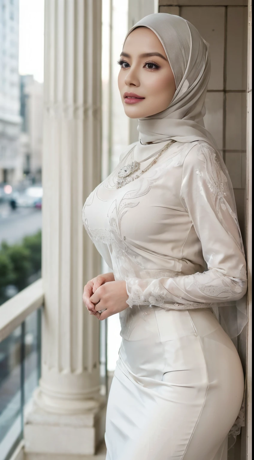 Mira filzah , 30 years old , big breast ,Slim body abs, tall , ((gigantic breast:1.0)), beautiful lady, Nikon Z 85mm, ((best quality)) ((masterpiece)), intricate detail, ((almost )), sharp focus, professional, realistic, real life, hyperreal, photorealistic, fine detail, best quality, very Detailed CG unity 8k wallpaper, perfect artwork, Full body, glowing eyes, realistic, perfect female hourglass figure, thin waist, wide buttocks, looking at viewer, extremely delicate and beautiful, best quality, beautiful detail girl, beautiful eye detail, face lighting, film lighting, perspective, revealing buttocks, perfect collarbone, realistic facial expression, (exquisite detail, makeup, (exquisite beautiful exquisite face, delicate and beautiful eyes, a face with perfect proportions, high-detailed skin,((wearing tight wedding gown with closed hijab)), simple diamond necklace, ((closed clothes), ((polite clothes)), luxury hotel, leaning on column, lower angle shot, zoom out