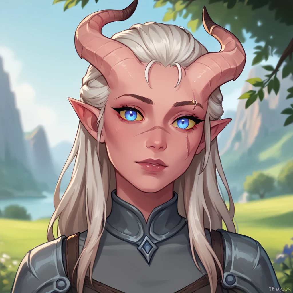 (((nice,  good quality ))), portrait, Score_9, Score_8_high, Score_7_high, tiefling, pointed ears, Horns, colored sclera, 1 woman, attractive face,  light red skin with scars ,  black long hair ,  blue eyes, gray top, Fantasy background,  blurred background