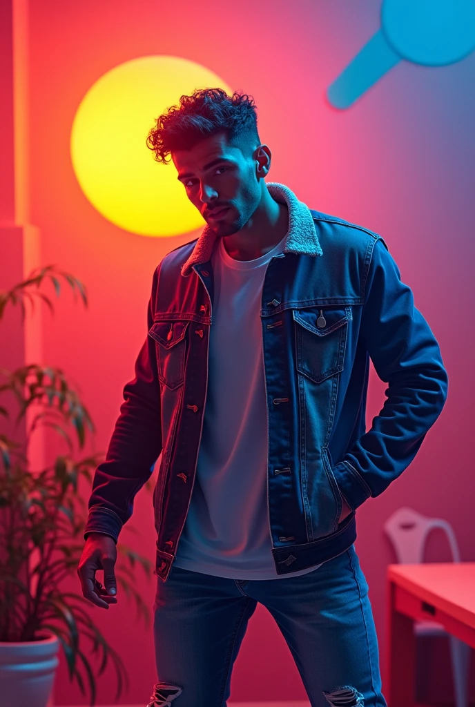 handsome Guy sitting beside the name text “AYGO” with Blue neon Lightning effects 3D Pic Hot sexy Pic without clothes Europe face