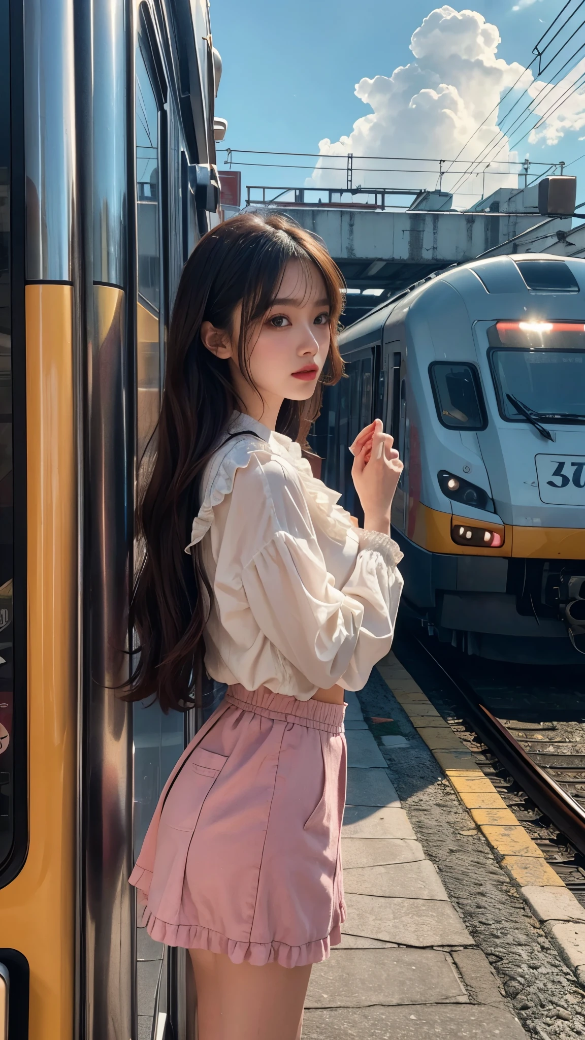 magenta tint、vibrant with colors、((tmasterpiece)))、(((quality)))、((ultra - detailed))、(Surreal)、(Very detailed CG illustration)、offcial art、CD cover、It will be、midsummer、The glorious 1980s、1 Sister,ssmile、cochetti gorgeous、incomparable beauty、long whitr hair,short blouse,Superskirt、perfect angle、Perfectcomposition、corner store,(evening,trains station,trains,Cloud),