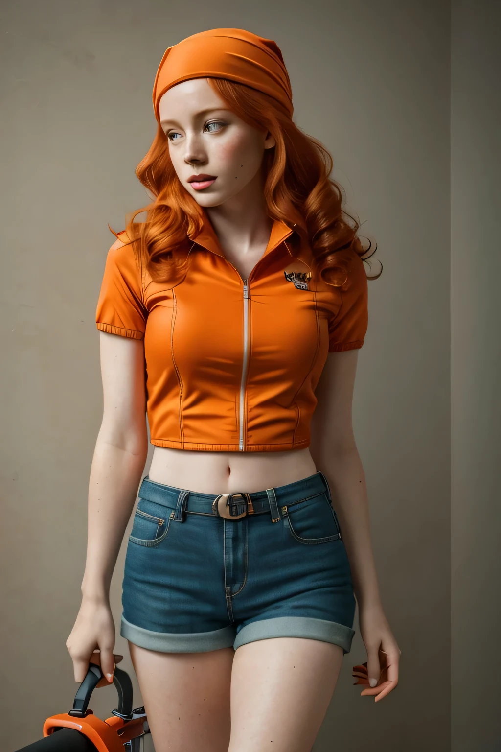 1girl in, ***21, Madelaine Petsch, photo of perfect woman, 5'3", Solo, Aesthetic artwork, (irish  redhead, wavy ginger hair, shoulder length ginger hair:1.25), (some small freckles, pale skin, small breasts, B-cup, runners body, very thin waist, skinny, petite, detailed skin texture), (blank background, plain background, blank wall, (wearing an Red orange bicycle jacket, short sleeve, tight bicycle shorts, Red orange bandana, yellow fanny pack, May from pokémon, May cosplay), (extremely detailed 8k wallpaper), soft lighting, high quality, film grain, Fujifilm XT3 sharp focus, f 5.6, 50mm, High Detail, Sharp focus,(natural light), crazy details, complex details, hyper detailed