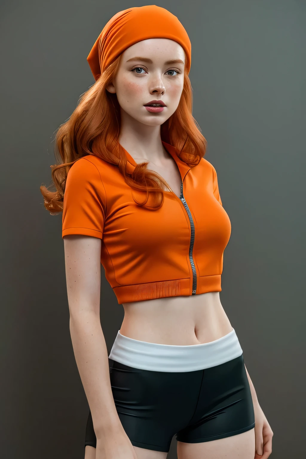 1girl in, 21, Madelaine Petsch, photo of perfect woman, 5'3", Solo, Aesthetic artwork, (irish  redhead, wavy ginger hair, shoulder length ginger hair:1.25), (some small freckles, pale skin, small breasts, B-cup, runners body, very thin waist, skinny, petite, detailed skin texture), (blank background, plain background, blank wall, (wearing an Red orange bicycle jacket, short sleeve, tight bicycle shorts, Red orange bandana, yellow fanny pack, May from pokémon, May cosplay), (extremely detailed 8k wallpaper), soft lighting, high quality, film grain, Fujifilm XT3 sharp focus, f 5.6, 50mm, High Detail, Sharp focus,(natural light), crazy details, complex details, hyper detailed