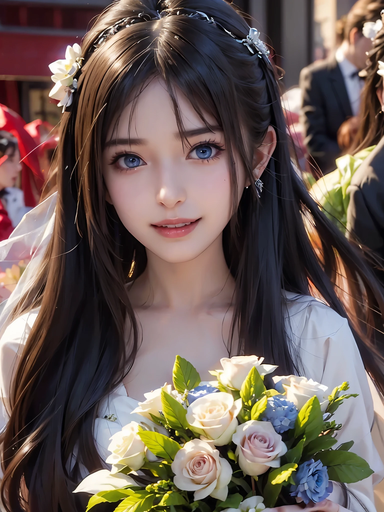portrait、Realistic、Elegant mature women、 blue eyes、 shiny hair、smile、 woman in prom dress、Smooth Straight、 detailed face 、 beautiful skin 、bouquet、bride、 Beautiful breasts、4K resolution、 High Quality CG、Beautiful CG、Soft light、 woman in prom dress、Smooth Straight、 detailed face 、 beautiful skin 、bouquet、bride