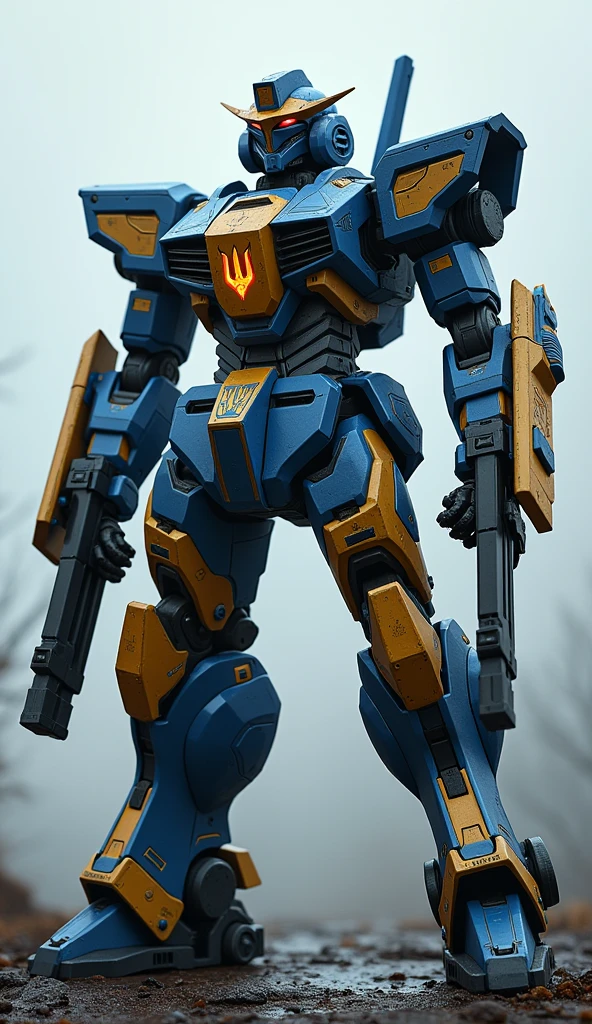A powerful robot in blue and yellow, with a glowing trident emblem in its . It wields dual railguns and has a defensive matrix capable of rendering it nearly invulnerable to enemy fire.