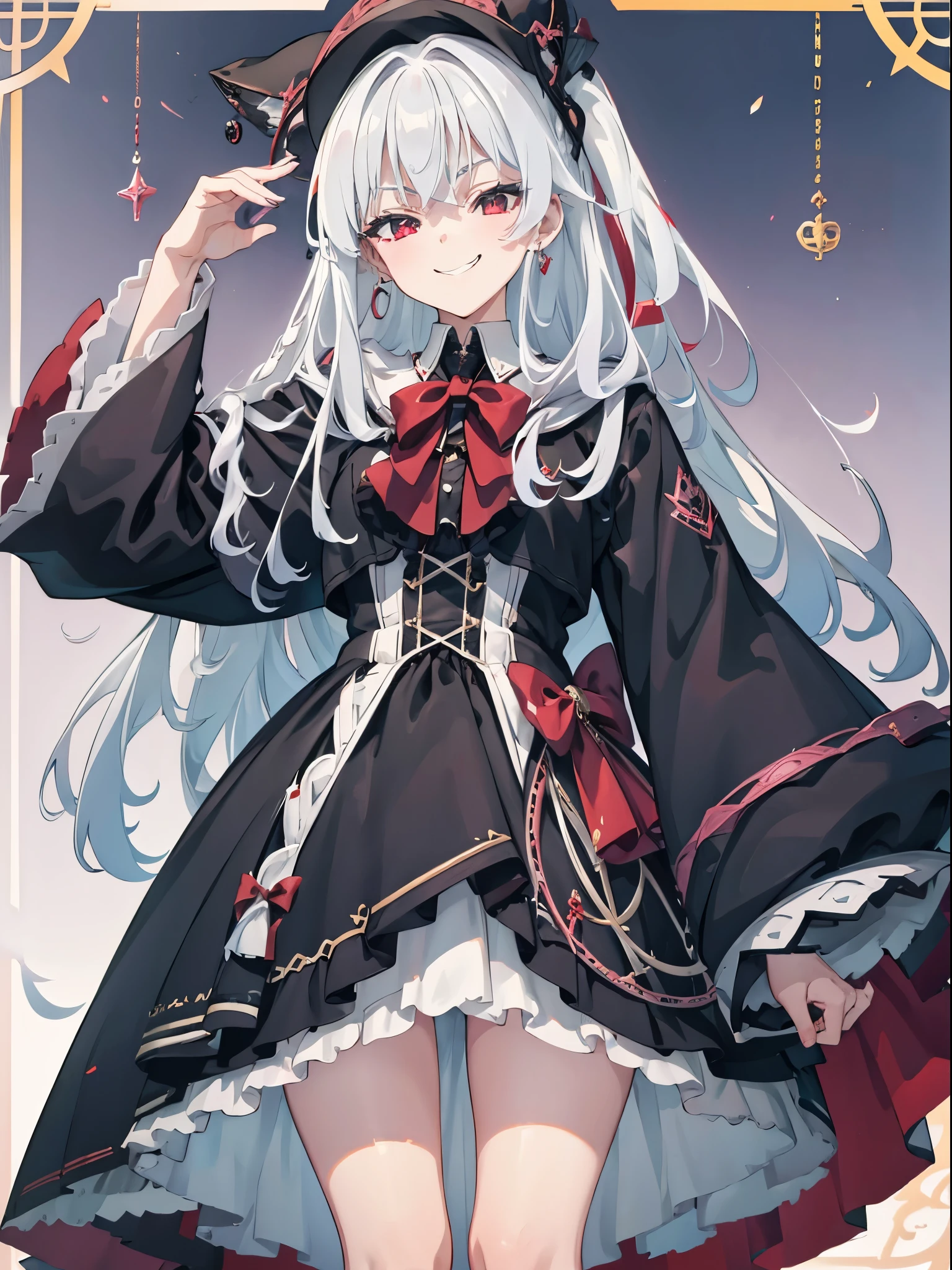 girl，Height 120cm ， with a black prismatic earring in the left ear，Wear a black ****ta， white hair， red eyes，Smirk，Long hair，Card issuance