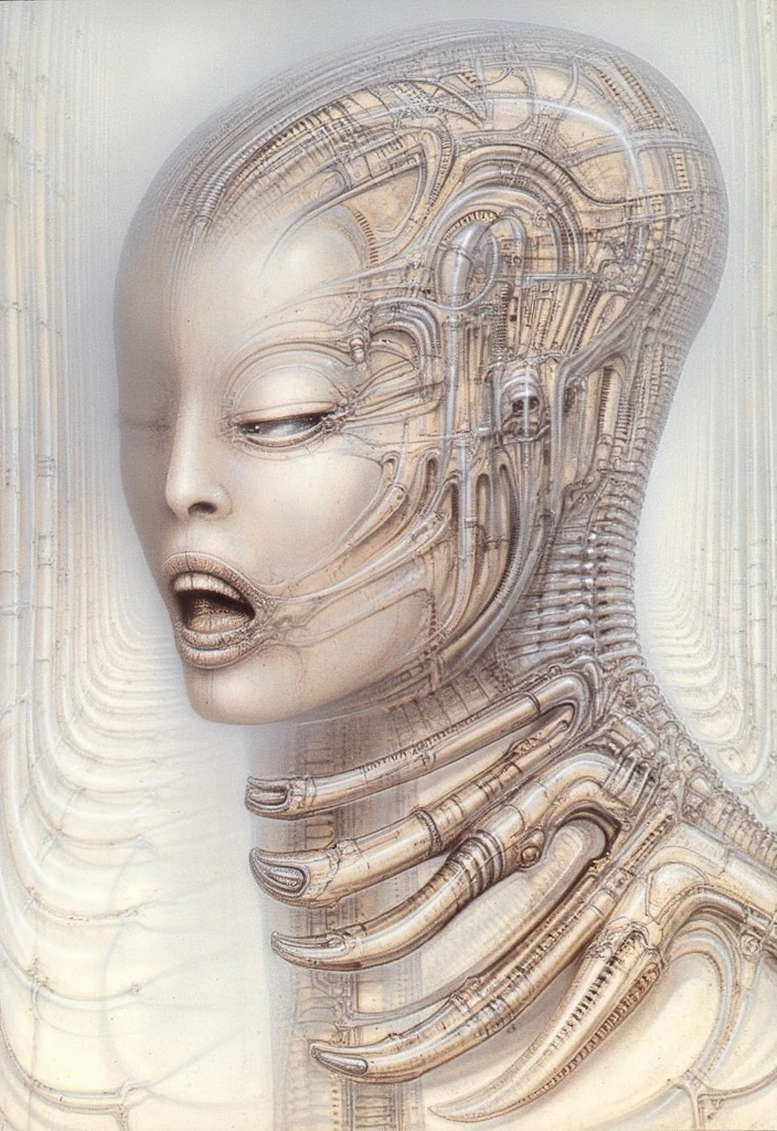 H. R. Giger's g1g3r, , Giger_style, H. R. Giger's g1g3r, , Giger_style, The image is a detailed view of H.R. Giger's \" Aleph (work 210) \" plate, featuring   vault , a surrealistic depiction digital artwork featuring a face with a head made of mechanical parts and wires, with a human-like figure in the foreground. By giger in gigeresqe style  a prominent presence of the alien figure, which appears to be an extraterrestrial. By giger in gigeresqe style  (best quality:1.4), anatomically correct limbs, (Triadic:1.1), (Proportion:1.1),  , (Reflected light:1.2), Parchment, ultra detailed, intricate,, dry b (best quality:1.4), H.R. GIGER,  BY GIGER