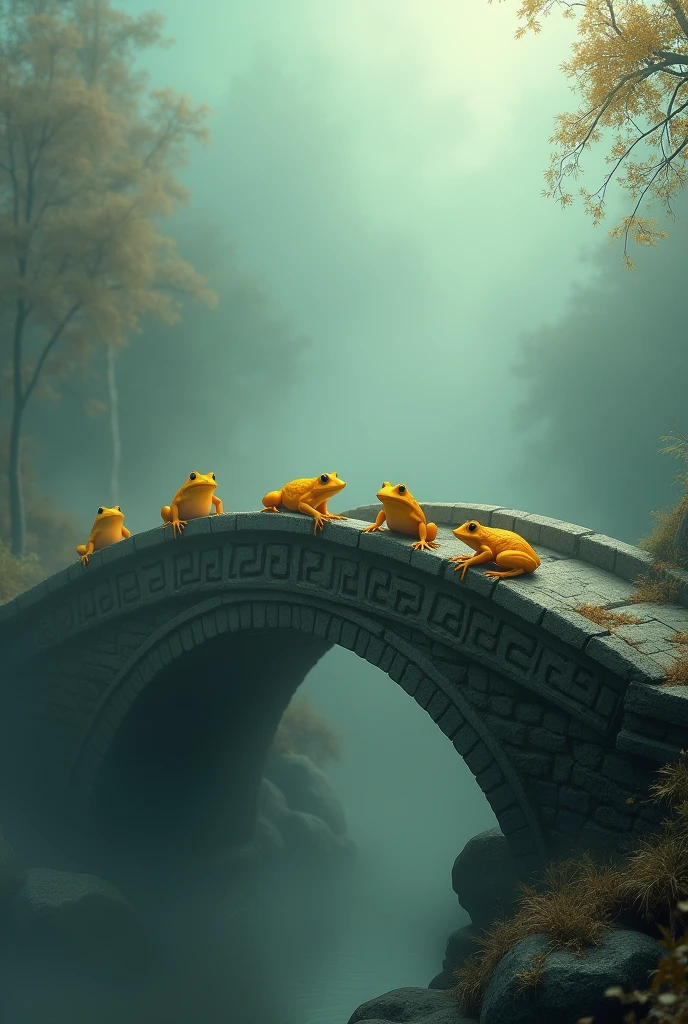 Yellow Frogs In Ancient Bridge in the Fog,