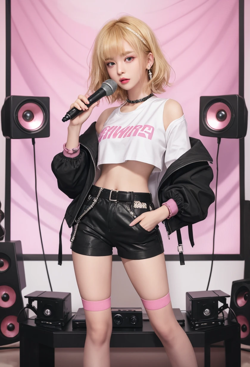Cute and cool punk idol girl、whole body、Good style、、、、、、、、、、Thick legs、、Shiny pink purple and gold shorts costume、Neat and clean idol face、summer night(Glowing)、