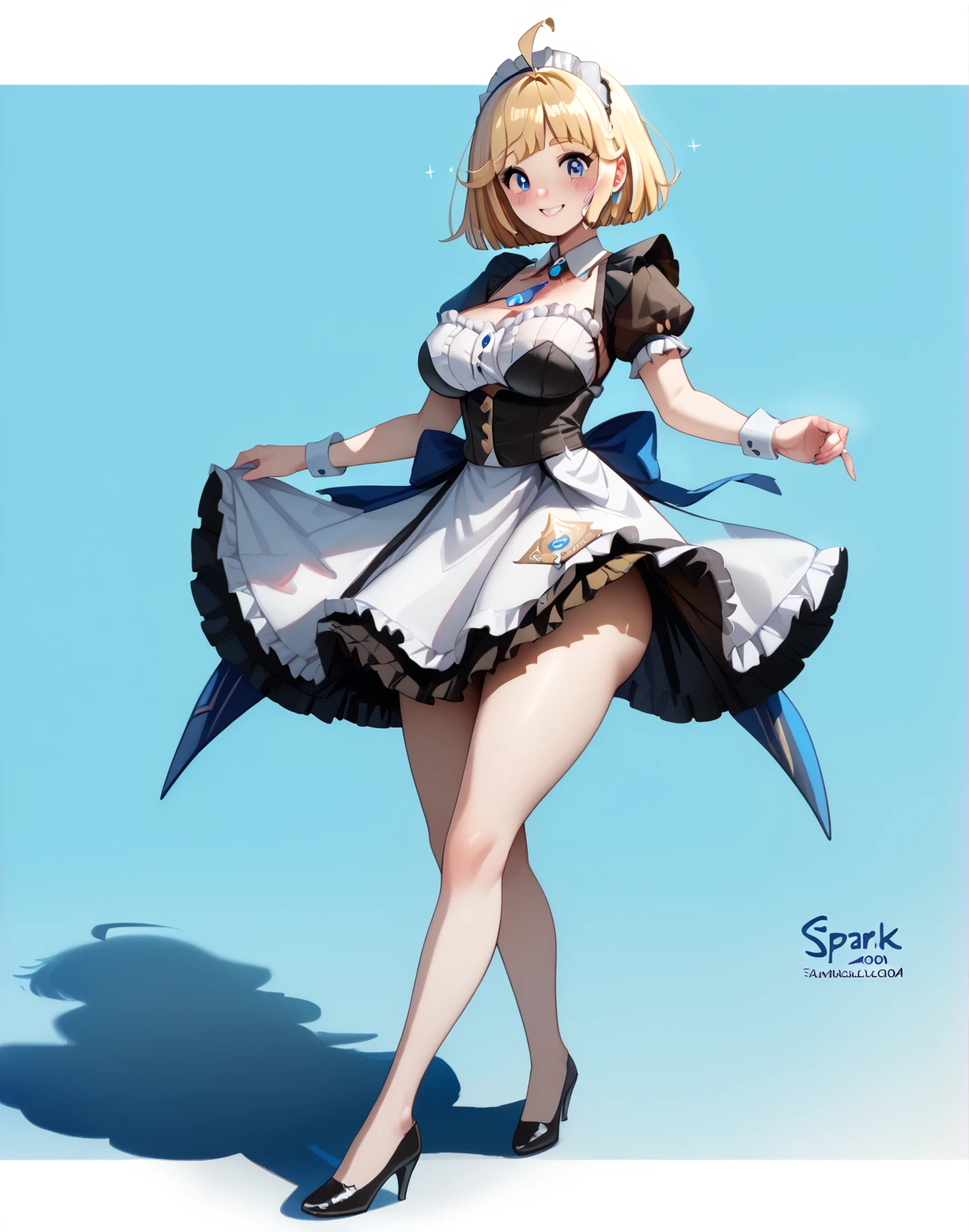 looking at the spectator , High resolution, La mejor calidad, masterpiece, a pretty girl (sexy full body,  Short Hair, fringe, blonde hair, Ahoge,  Blue eyes , blush,  Satisfied smile  , spark,  big breasts ,  thin waist ,  Big butt ), haciendo cosplay de maid con vestido corto mostrando ropa interior blanca,