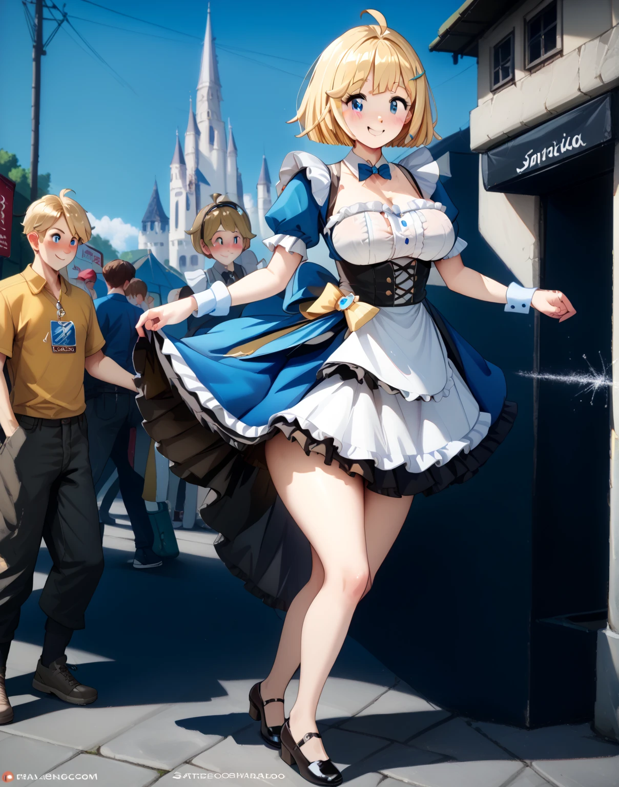 looking at the spectator , High resolution, La mejor calidad, masterpiece, a pretty girl (sexy full body,  Short Hair, fringe, blonde hair, Ahoge,  Blue eyes , blush,  Satisfied smile  , spark,  big breasts ,  thin waist ,  Big butt ), haciendo cosplay de maid con vestido corto mostrando ropa interior blanca,