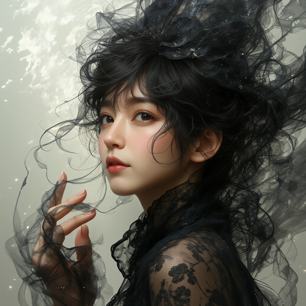 spirit of the wind,A magical Portrait of an East Asian woman in style of Stefan Gesell enveloped in mystery, surrounded by an ethereal backdrop, facial features accentuated with high contrast, draped in cloth that twists into abstract and fantasy forms, one hand reaching out as if hitting a pause on reality, black ink strokes contrasting with high key lighting, digital painting, ultra fine, dramatic lighting.