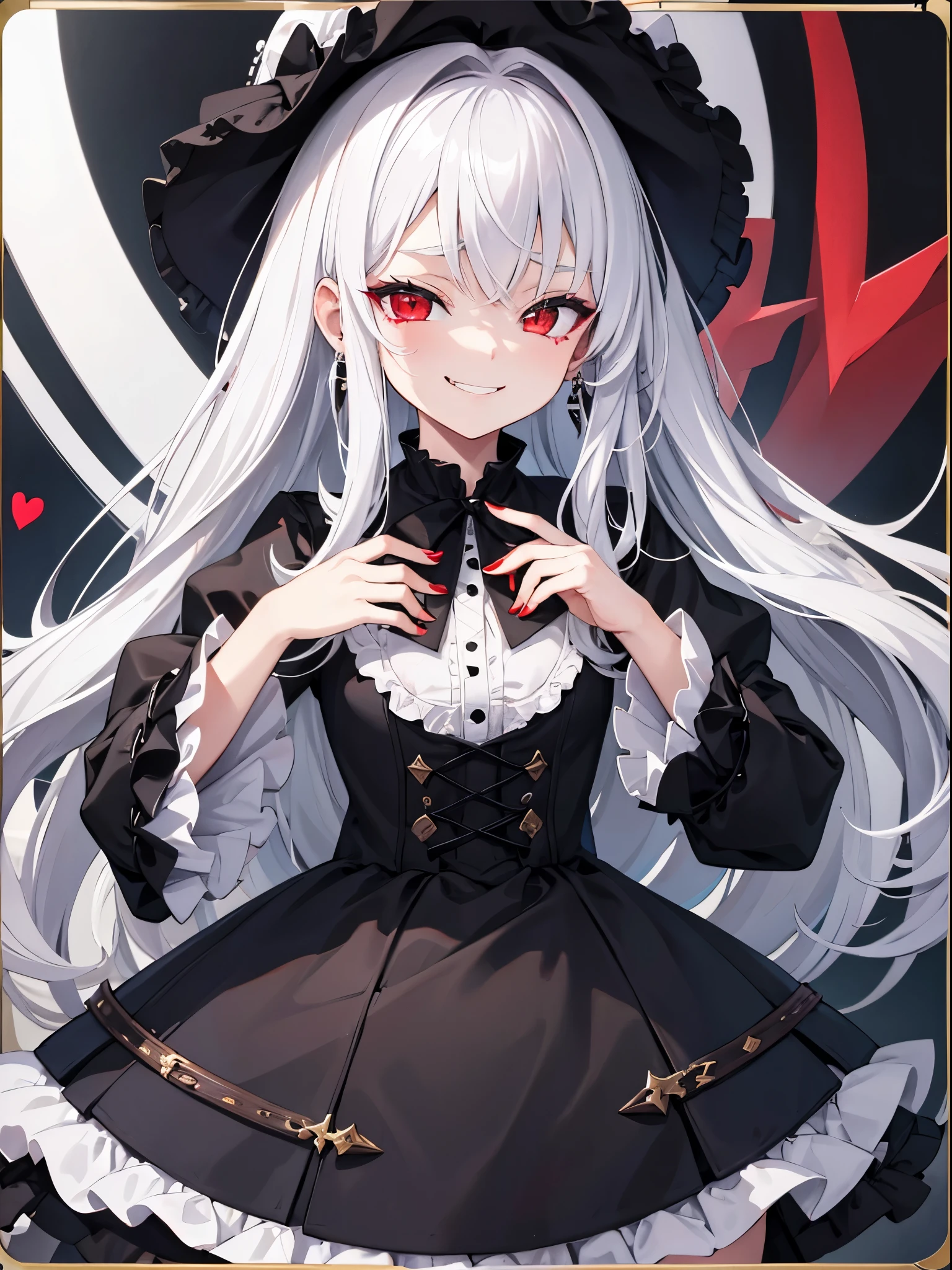 girl，Height 120cm ， with a black prismatic earring in the left ear，Wear a black ****ta， white hair， red eyes，Smirk，Long hair，Card issuance