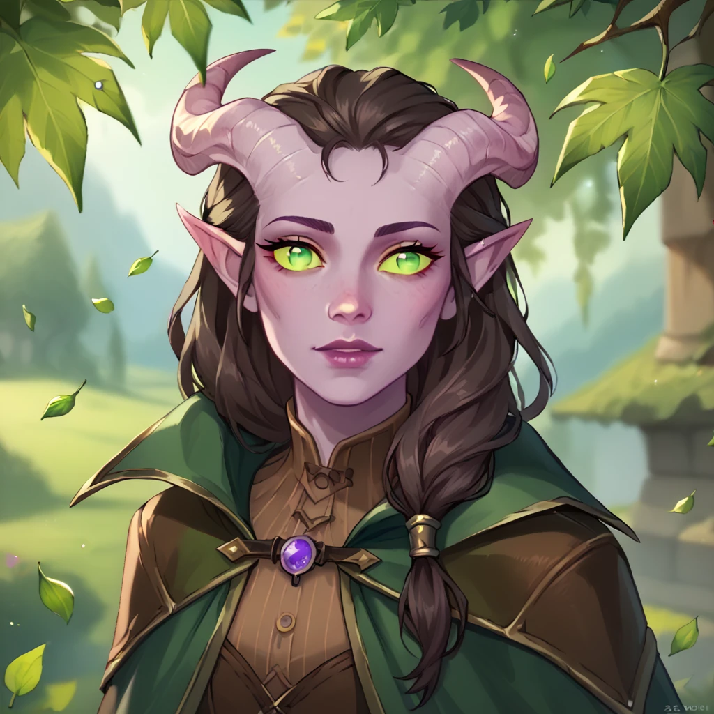 (((nice,  good quality ))), portrait, Score_9, Score_8_high, Score_7_high, tiefling, pointed ears, Horns, colored sclera, 1 woman, attractive face, light purple skin,  black long hair , green eyes, brown leather cape , brown top,  green cape with leaves pattern fantasy background,  blurred background 