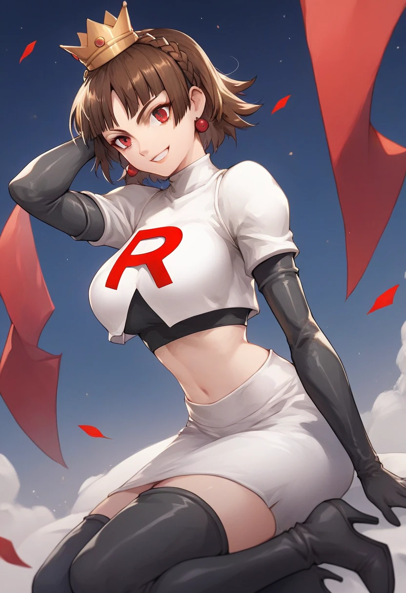 Team rocket, team rocket uniform, red letter R, white skirt,white crop top,black thigh-high boots, black elbow gloves, evil smile, night sky background, earrings, large breasts, high-heeled boots, Makoto niijima, brown hair, crown braid